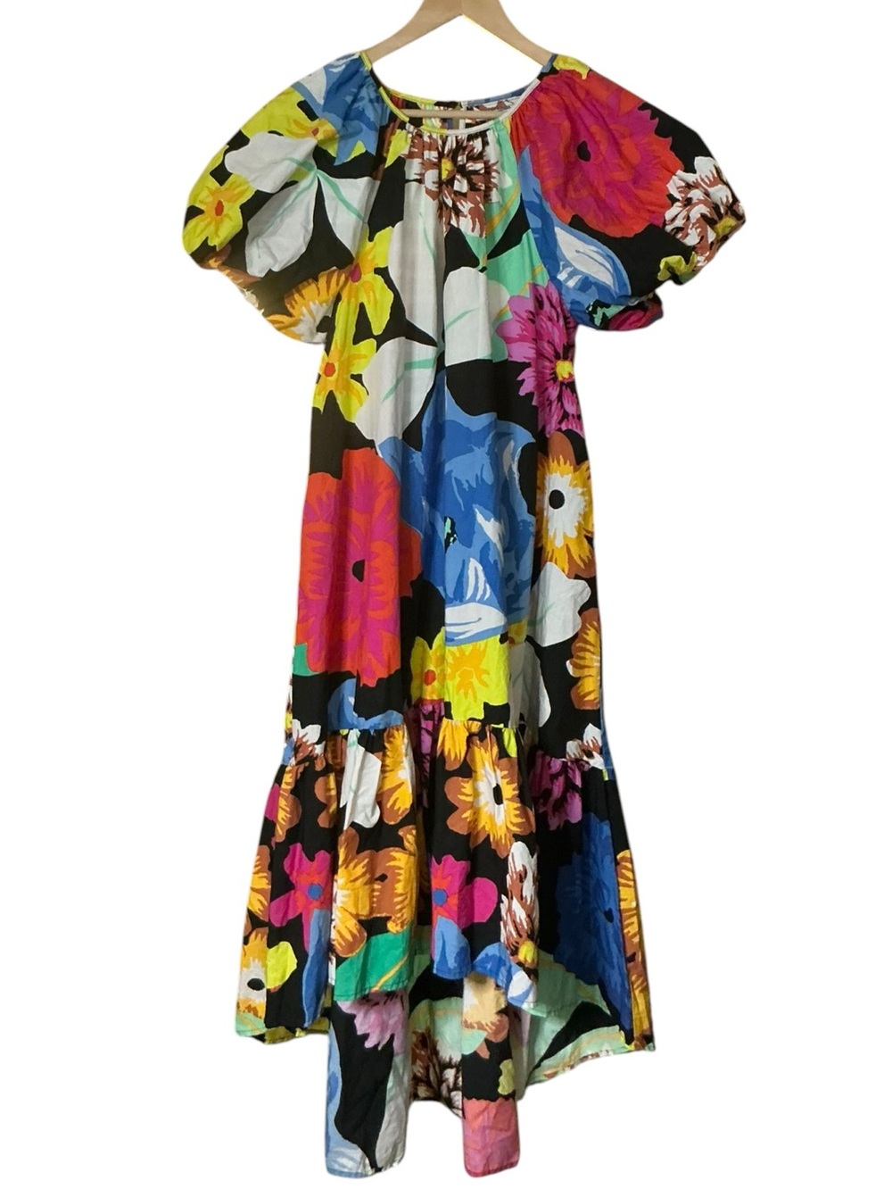 Christopher John Rogers Colorful Floral Tiered Dress with Pouf Sleeves